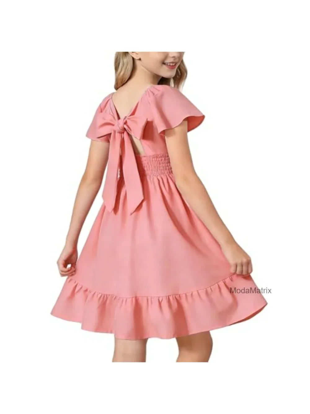 Girls Off Shoulder Square Neck Flutter Sleeve Tie-Back A-Line Summer Casual